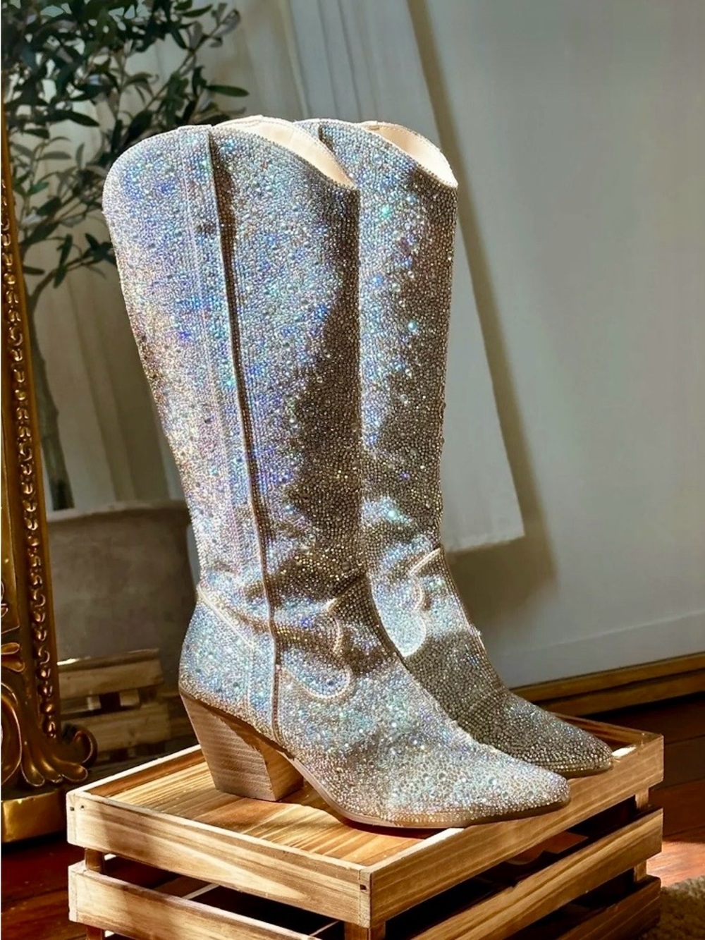Matisse Iridescent Crystal-Embellished Knee-High Boots in Silver